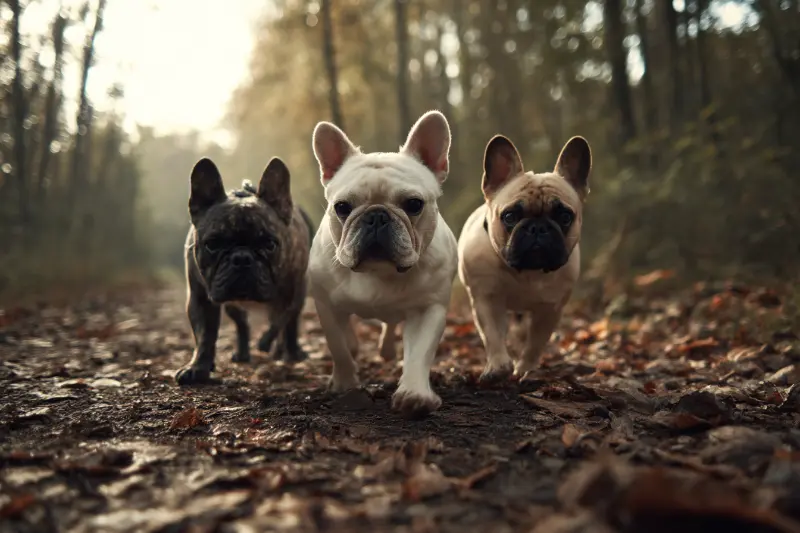 trois bouledogues français en promenade dans la forêt