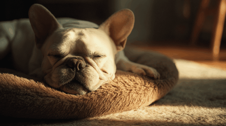 Bouledogue français dormant sur un lit orthopédique confortable