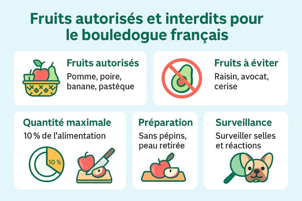 Infographie listant les fruits autorisés et interdits pour bouledogue français avec conseils de préparation et dosage alimentaire