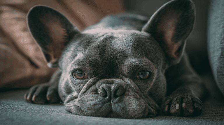 Bouledogue français fatigué allongé sur un canapé