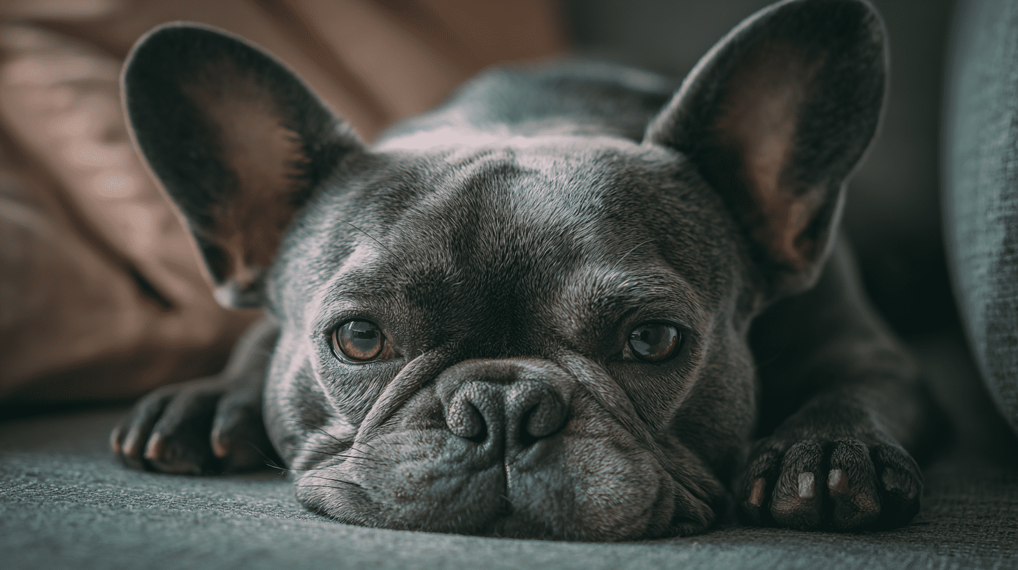 Bouledogue français fatigué allongé sur un canapé